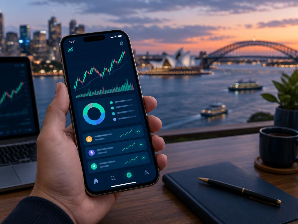 Icrypex AI app dashboard on a smartphone in Sydney, Australia, showing AI trading signals