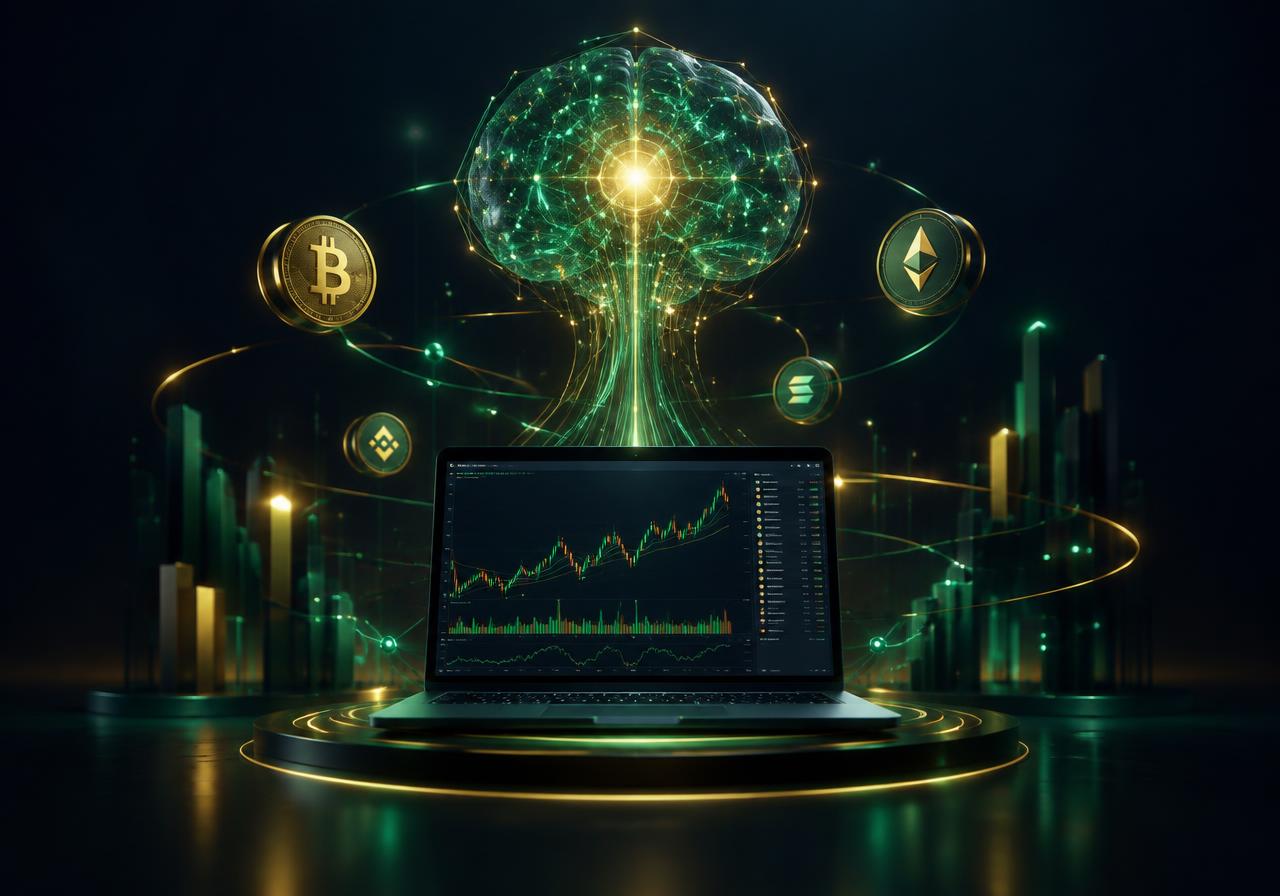 Icrypex AI trading platform concept – AI neural core analysing crypto charts on a laptop